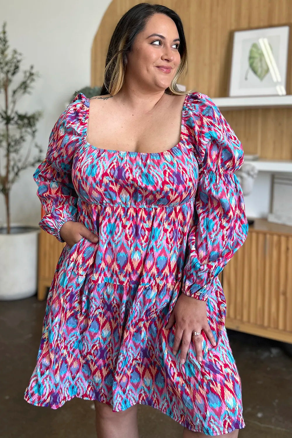 Double Take Full Size Printed Long Sleeve Dress by Wild and Free Boutique