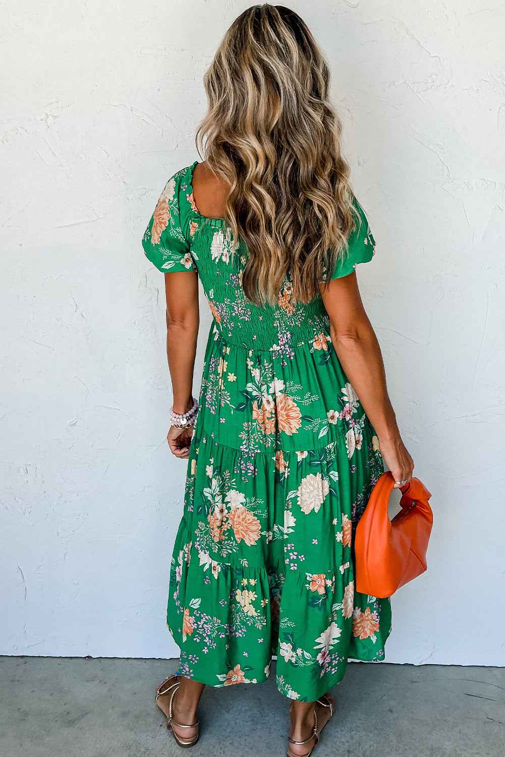 Green Floral Print Bubble Sleeve Smocked Tiered Midi Dress by Dear-Lover Dropshipping