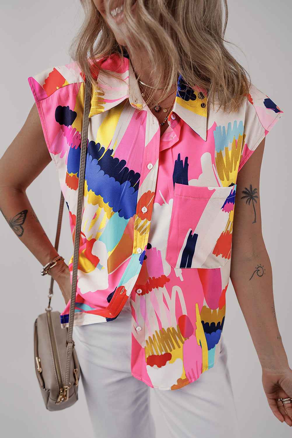 Multicolour Abstract Print Collared Cap Sleeve Casual Shirt by Wild and Free Boutique