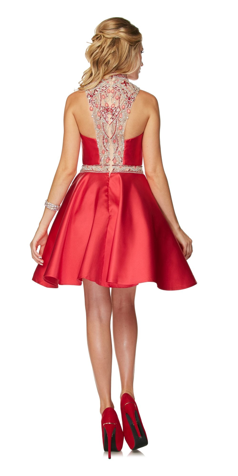 Juliet 770 High Beaded Neckline Sleeveless Short A-Line Satin Dress by DiscountDressShop