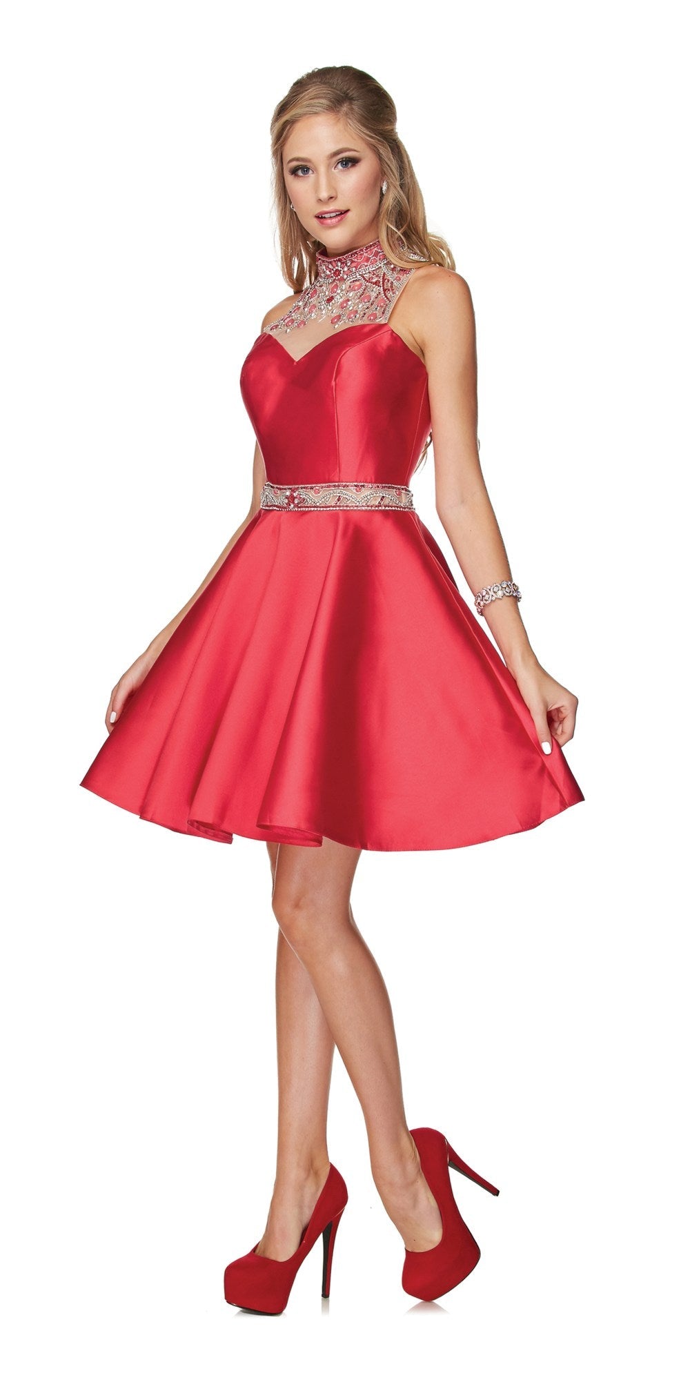 Juliet 770 High Beaded Neckline Sleeveless Short A-Line Satin Dress by DiscountDressShop