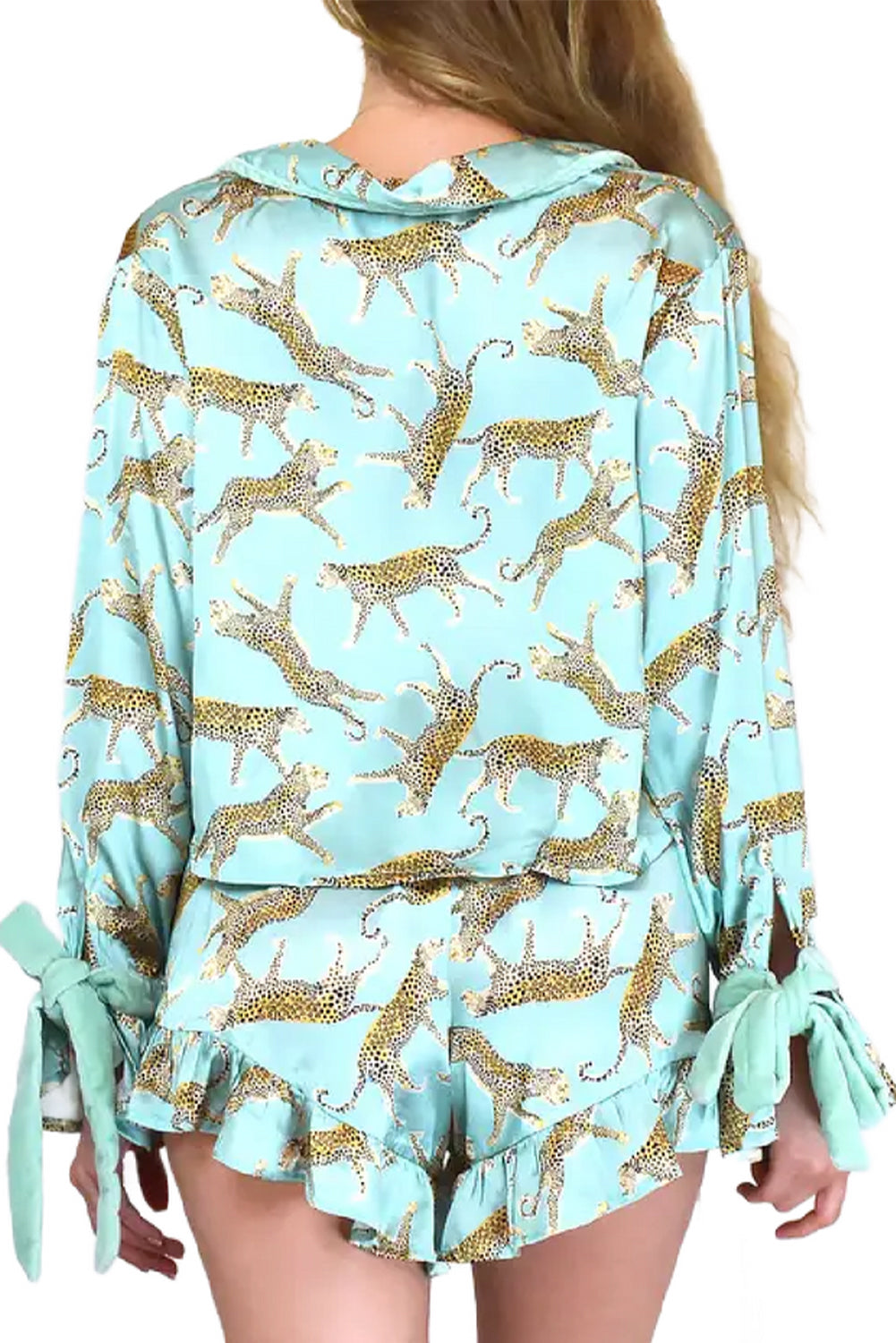 Green Leopard Satin Ruffle Pajama Short Set by Dear-Lover Dropshipping