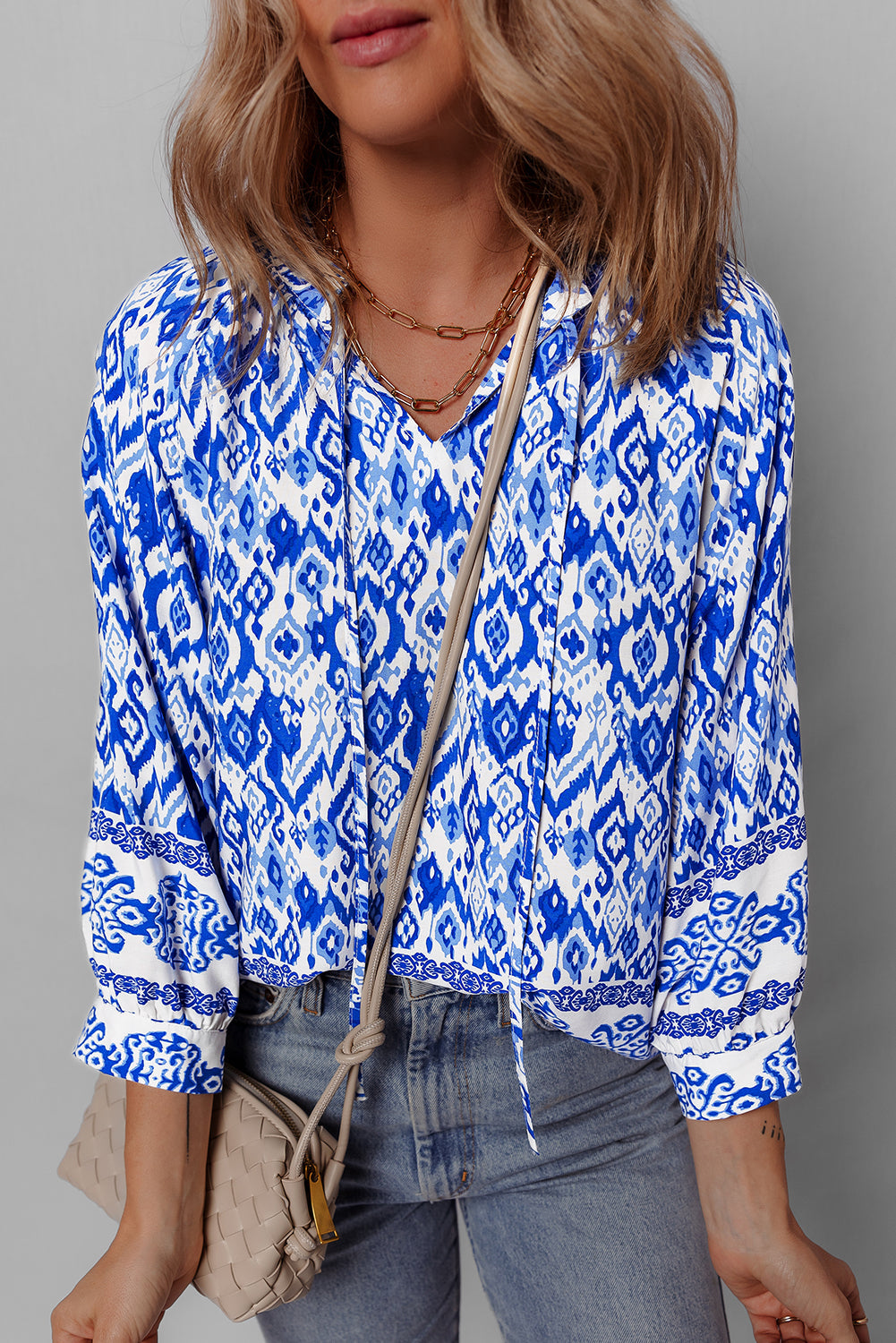 Blue Boho Printed 3/4 Sleeve Tied Neck Blouse by Wild and Free Boutique