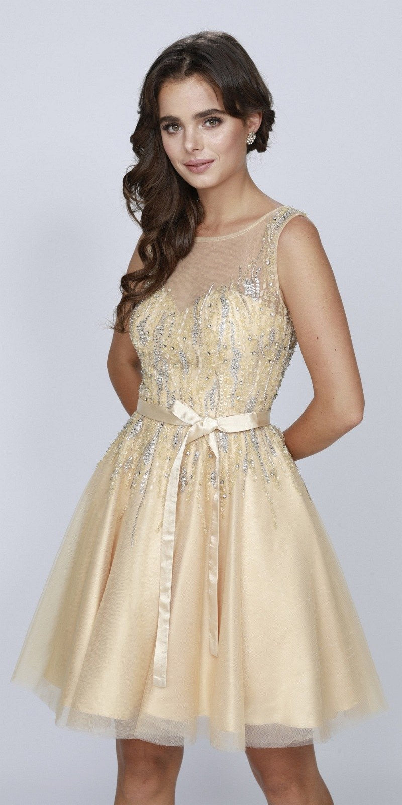 CLEARANCE - Juliet 776 Sequins Embellished Bodice Illusion Short Dress (Size M) by DiscountDressShop
