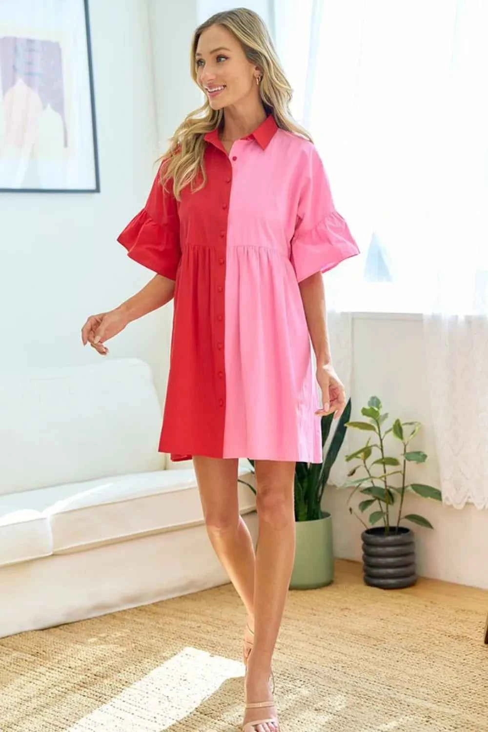 First Love Full Size Color Blocked Button Down Babydoll Dress by Wild and Free Boutique