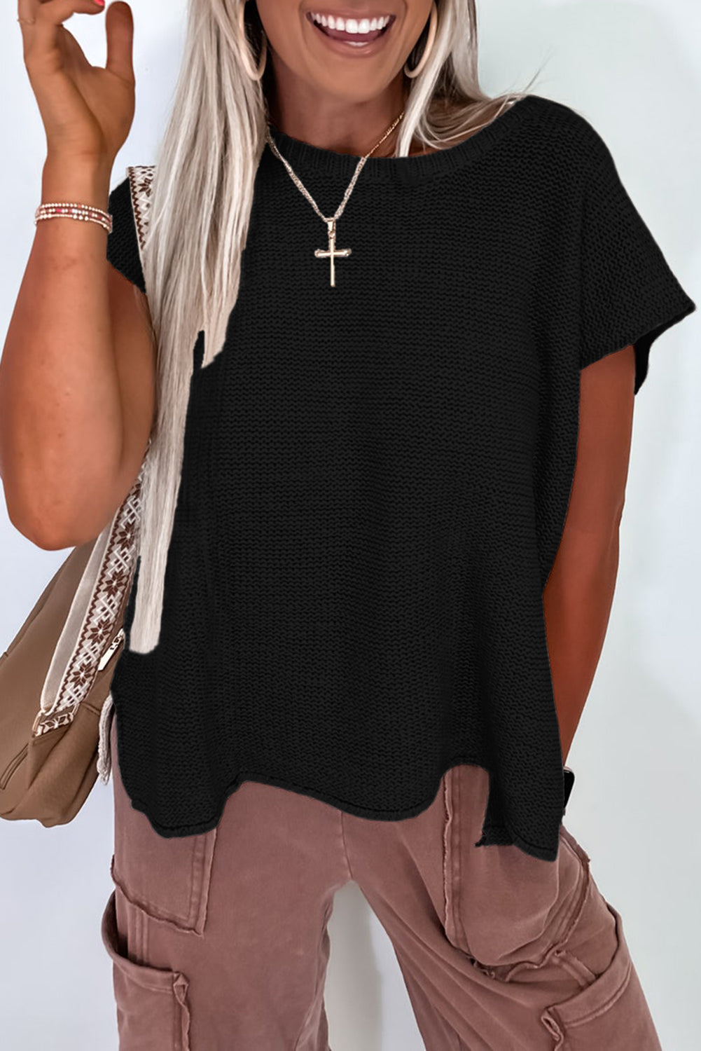 Black Solid Color Sweater Tee with Side Slits by Wild and Free Boutique