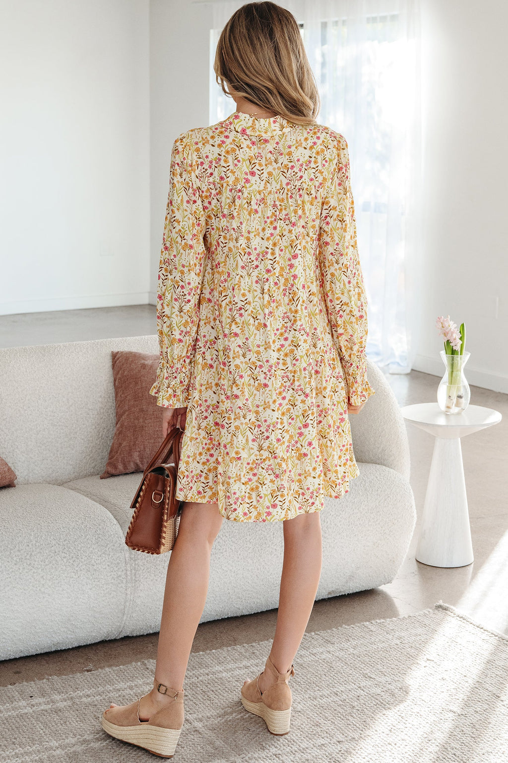 Yellow Floral Print Frilly Trim Smocked Cuff Long Sleeve Loose Shirt Dress by Wild and Free Boutique