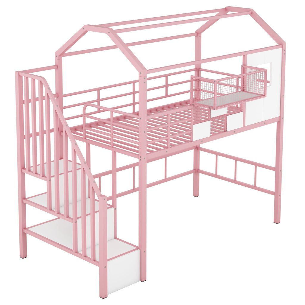 Metal Loft Bed With Roof Design And Storage Box With Guardrails And Integrated Ladder by Unique Piece Furniture
