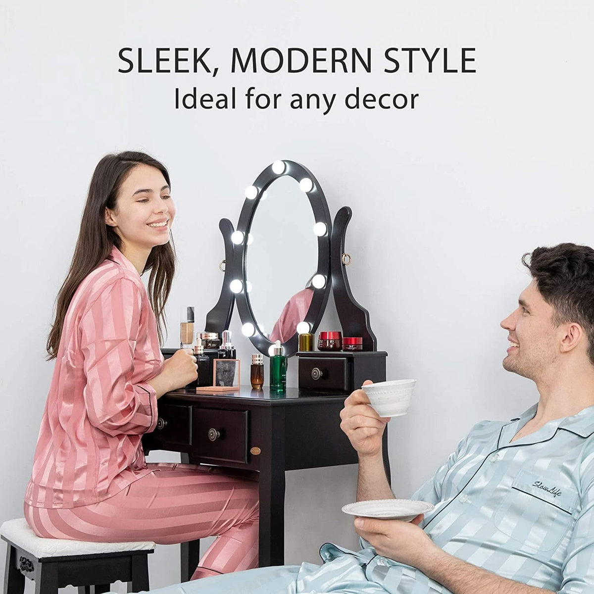 Three Color Dimmable LED Lighted Vanity Mirror Set With Built In Storage For Makeup Station by ShipItFurniture