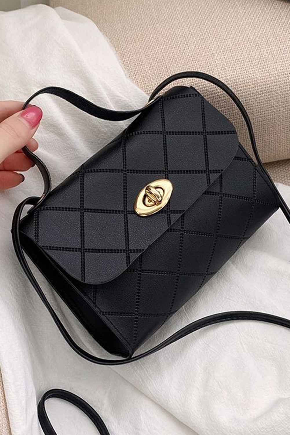 Black PU Leather Diamond Pattern Messenger Bag by Wild and Free Boutique