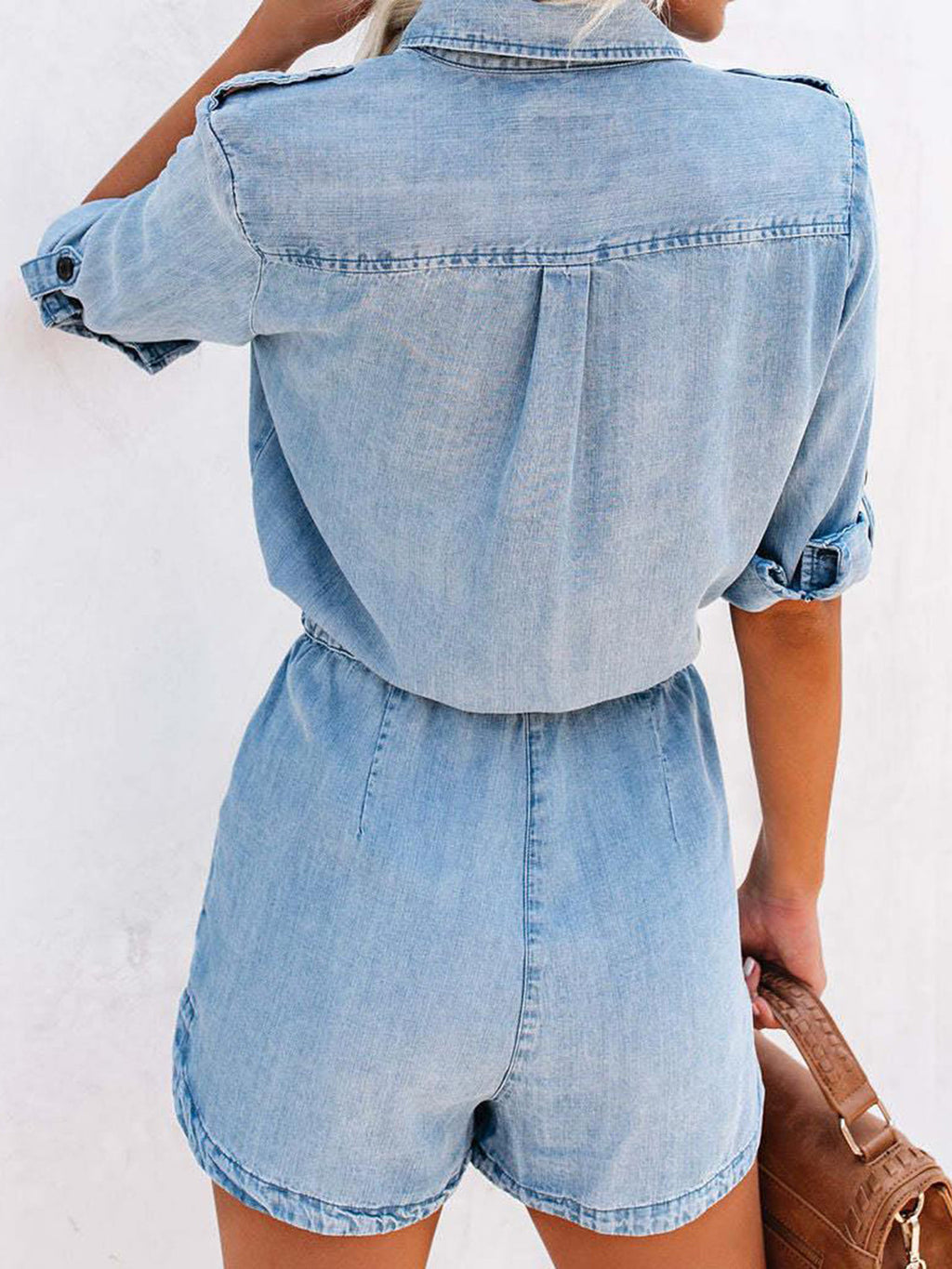 Drawstring Half Button Half Sleeve Denim Romper by Wild and Free Boutique