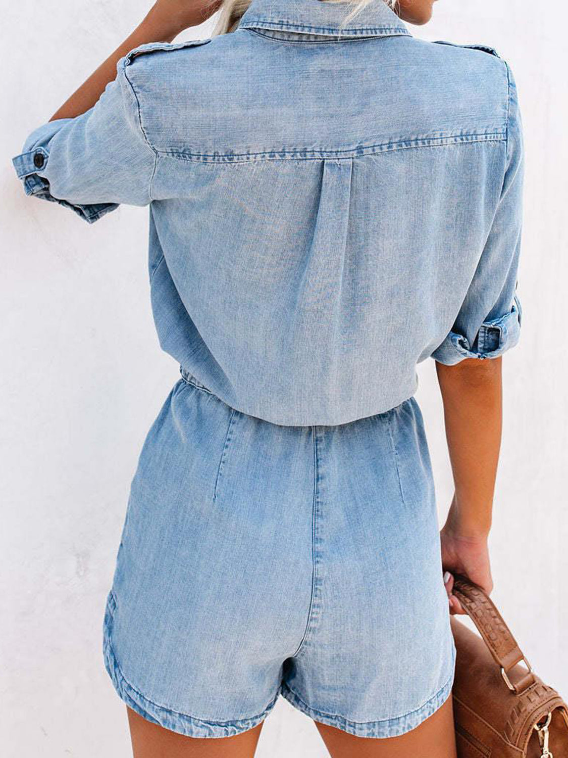 Drawstring Half Button Half Sleeve Denim Romper by Wild and Free Boutique