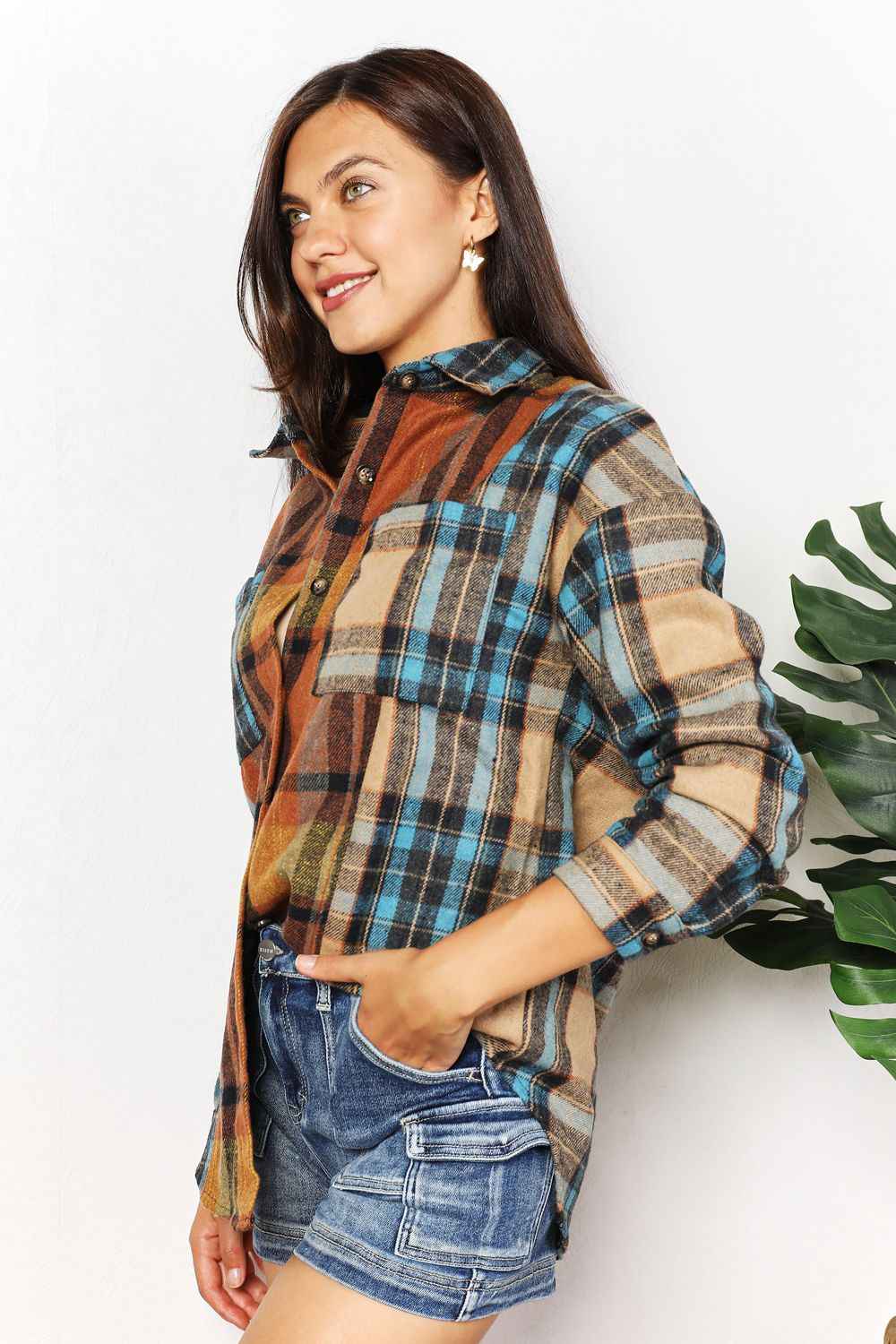Double Take Plaid Curved Hem Shirt Jacket with Breast Pockets by Wild and Free Boutique