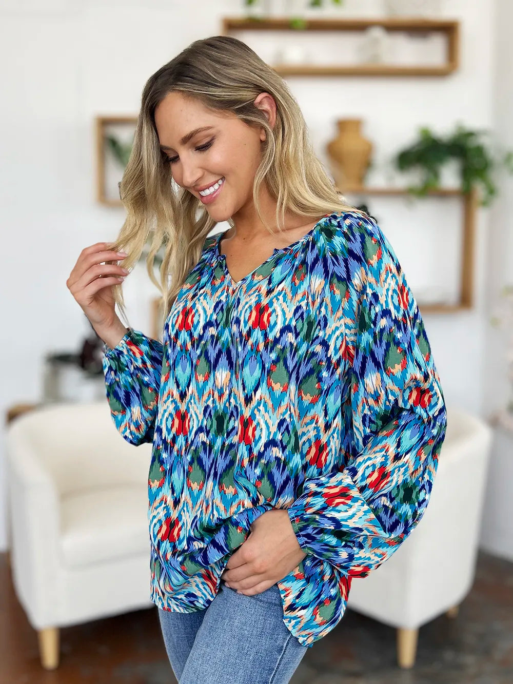Double Take Full Size Printed Balloon Sleeve Blouse by Wild and Free Boutique