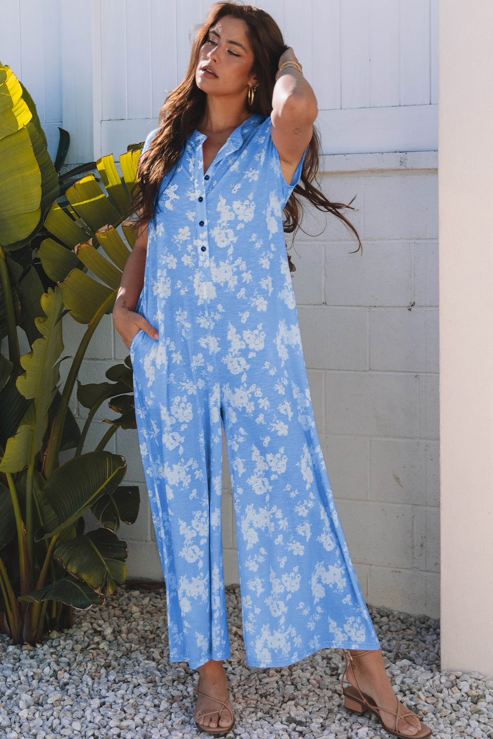 Myosotis Floral Print Half Button Wide Leg Relaxed Sleeveless Jumpsuit by Dear-Lover Dropshipping
