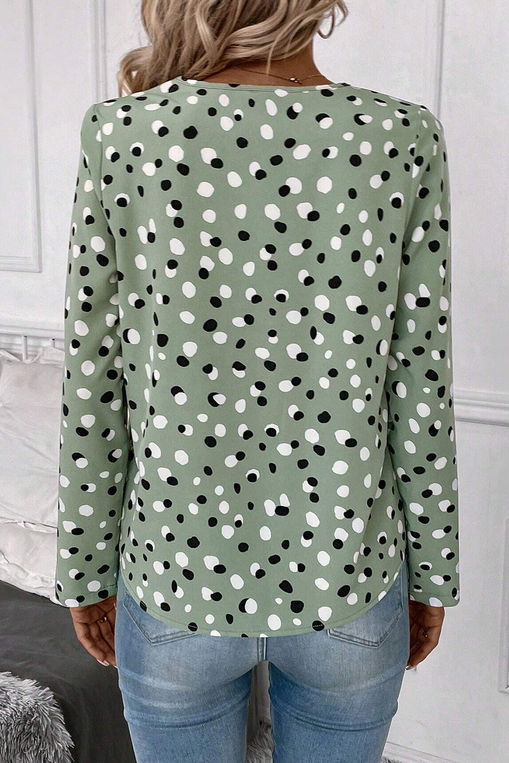 Green Polka Dot Print Button Front V Neck Blouse by Wild and Free Boutique
