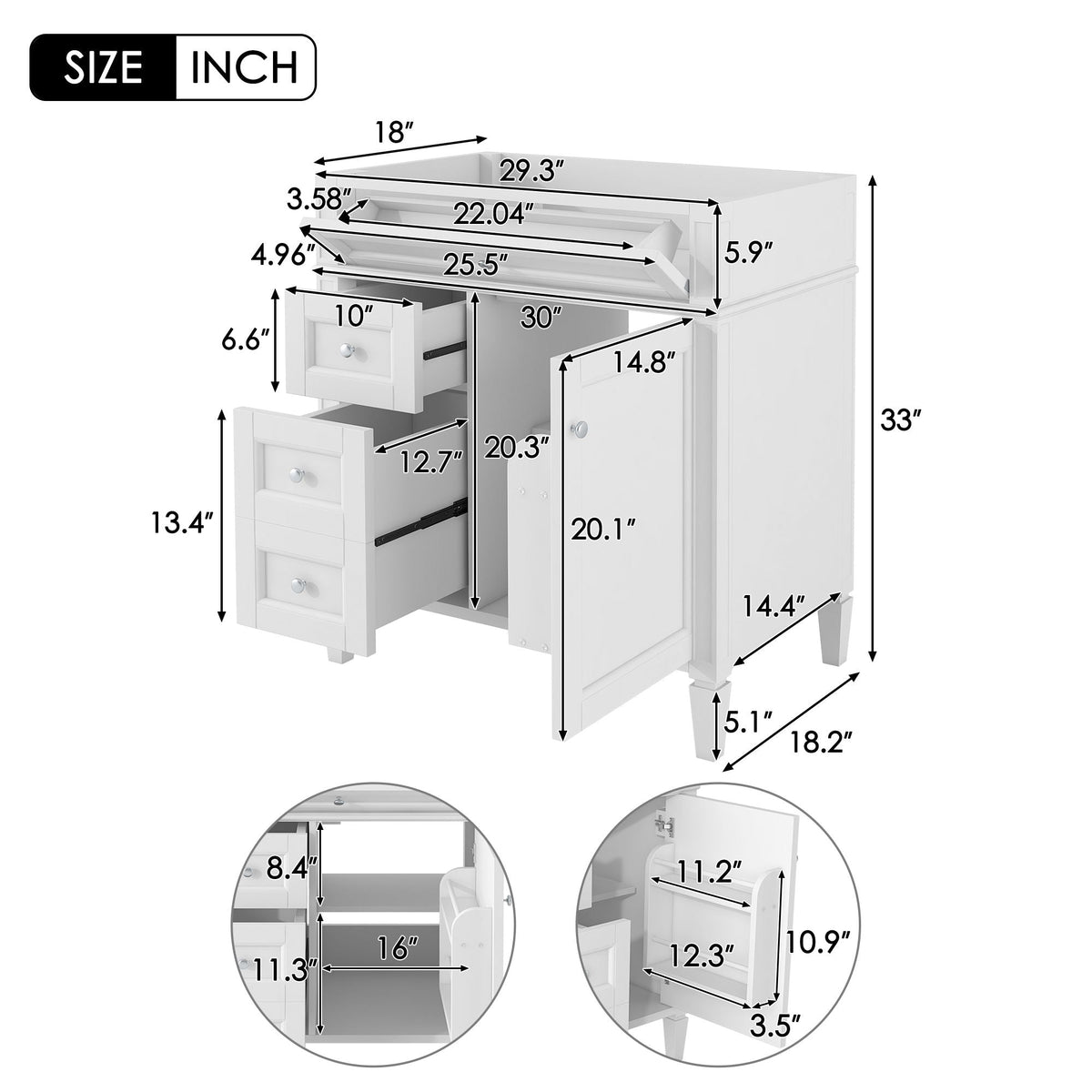 Bathroom Vanity With 2 Drawers And Tip-Out Drawer, Storage Cabinet by Unique Piece Furniture