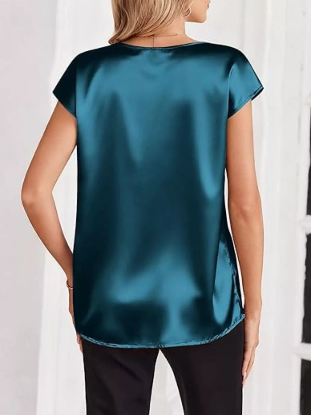 Satin V-Neck Short Sleeve Blouse by Wild and Free Boutique