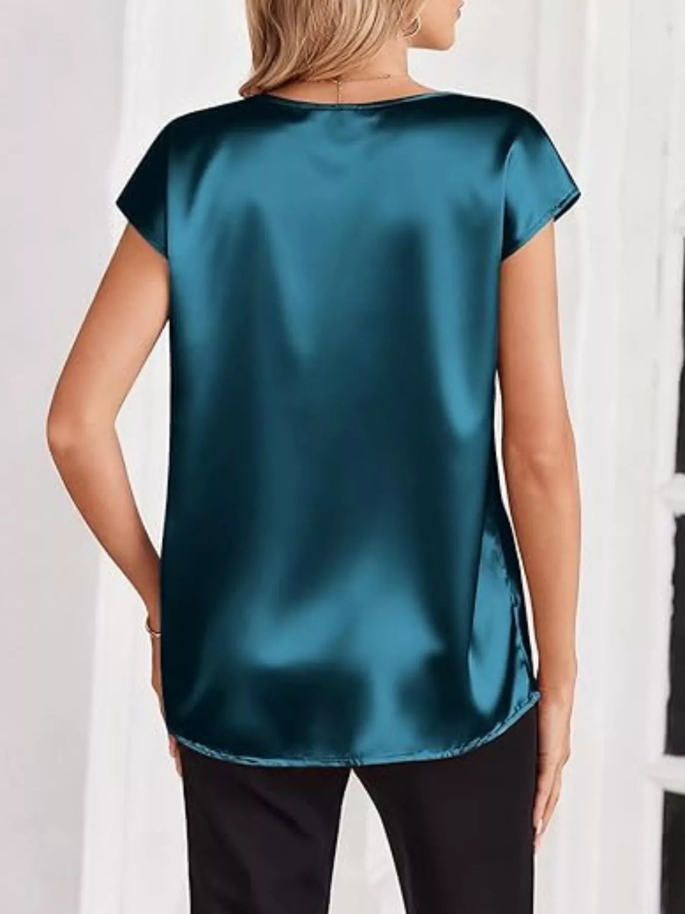 Satin V-Neck Short Sleeve Blouse by Wild and Free Boutique