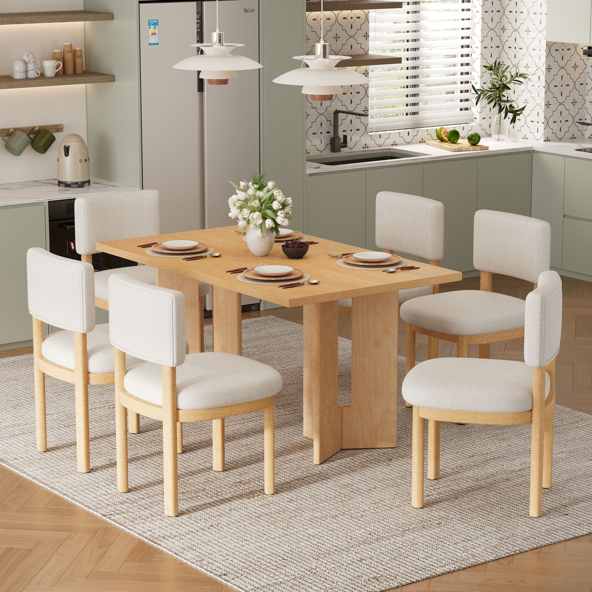 Dining Table Set With 6 Upholstered Chairs, Rectangular Table With Cutout Legs by Unique Piece Furniture