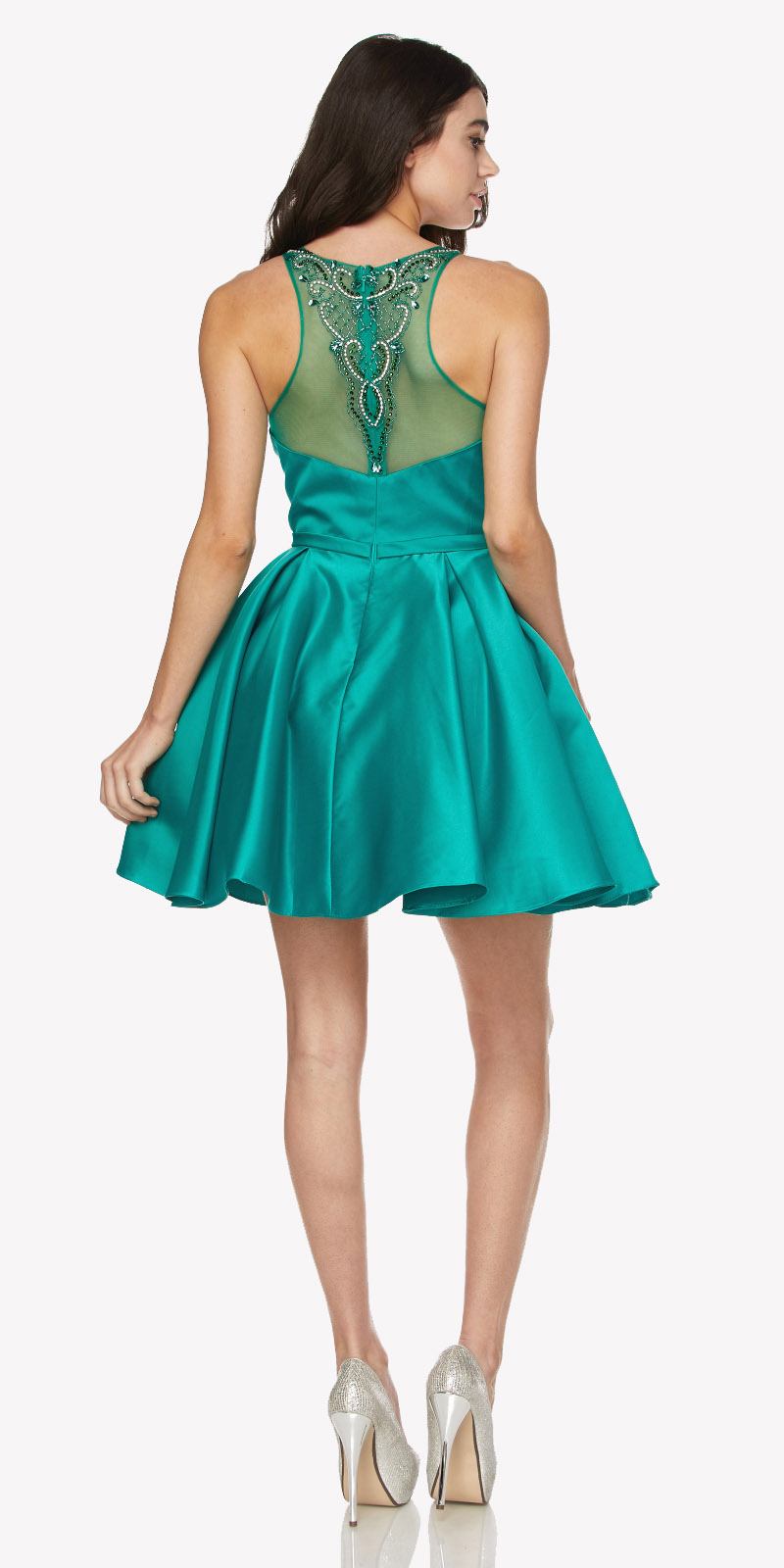 Juliet 794 Beaded Scoop Neck Short Satin Dress by DiscountDressShop