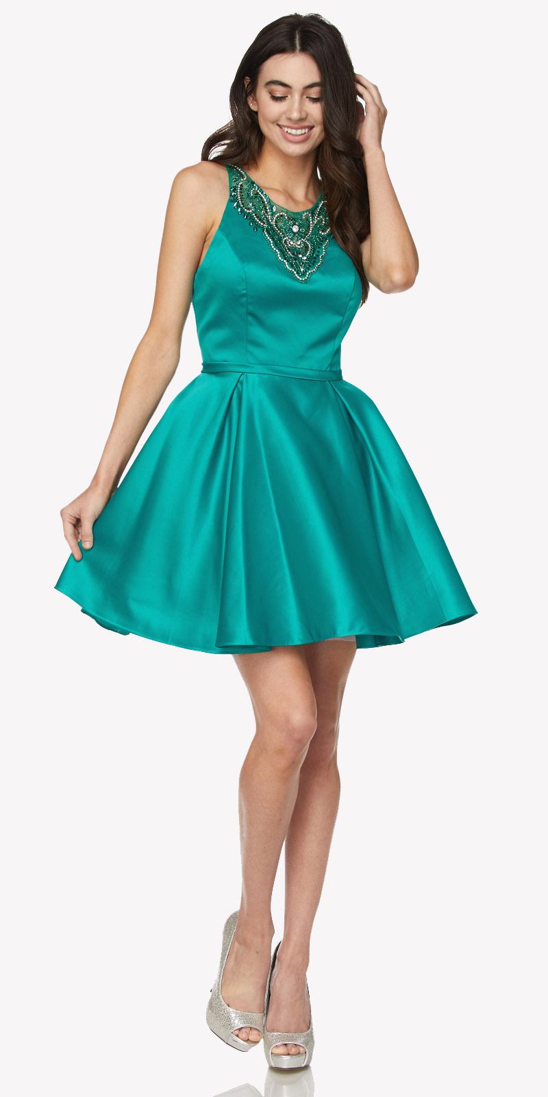 Juliet 794 Beaded Scoop Neck Short Satin Dress by DiscountDressShop