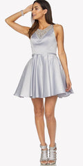 Juliet 794 Beaded Scoop Neck Short Satin Dress by DiscountDressShop