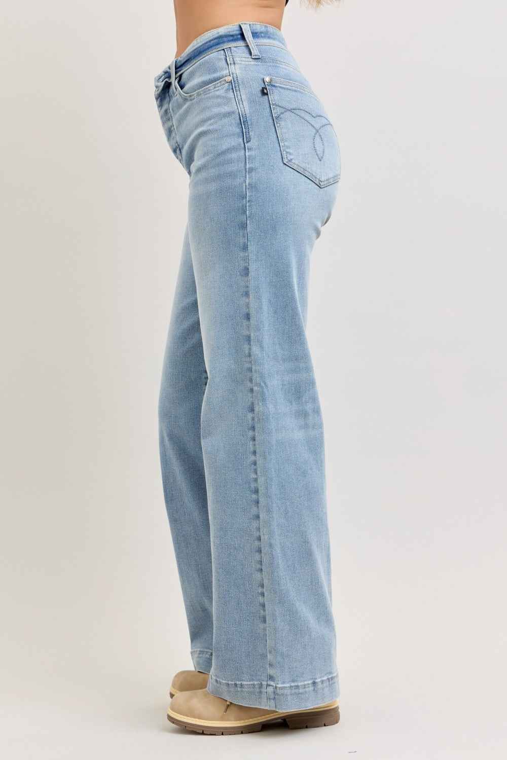 Judy Blue Mid Rise Retro Wide Leg Jeans with Fold-over Waistband by Wild and Free Boutique