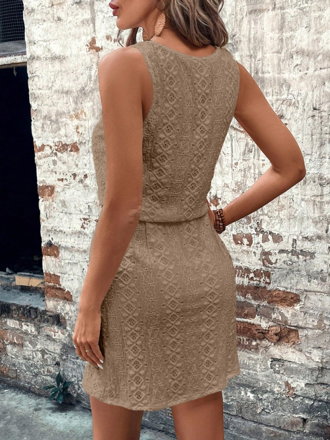 Eyelet Drawstring Round Neck Sleeveless Dress by Wild and Free Boutique