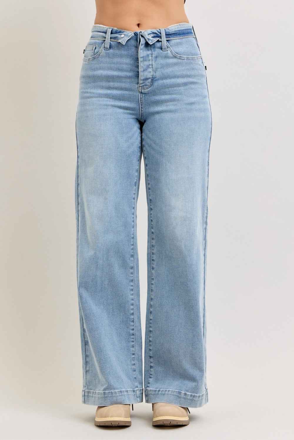 Judy Blue Mid Rise Retro Wide Leg Jeans with Fold-over Waistband by Wild and Free Boutique
