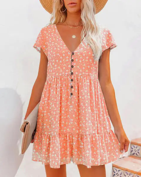 V-Neck Button Floral Short Sleeve Casual Dress by Trendy Attic Store01