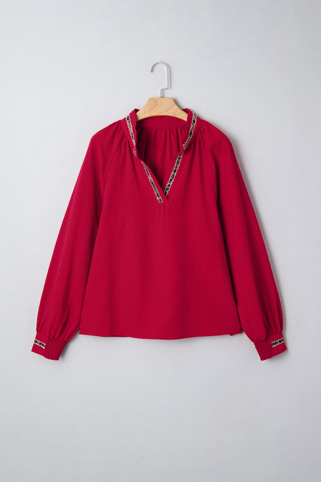 Racing Red Leopard Jacquard Print V Neck Textured Blouse by Wild and Free Boutique
