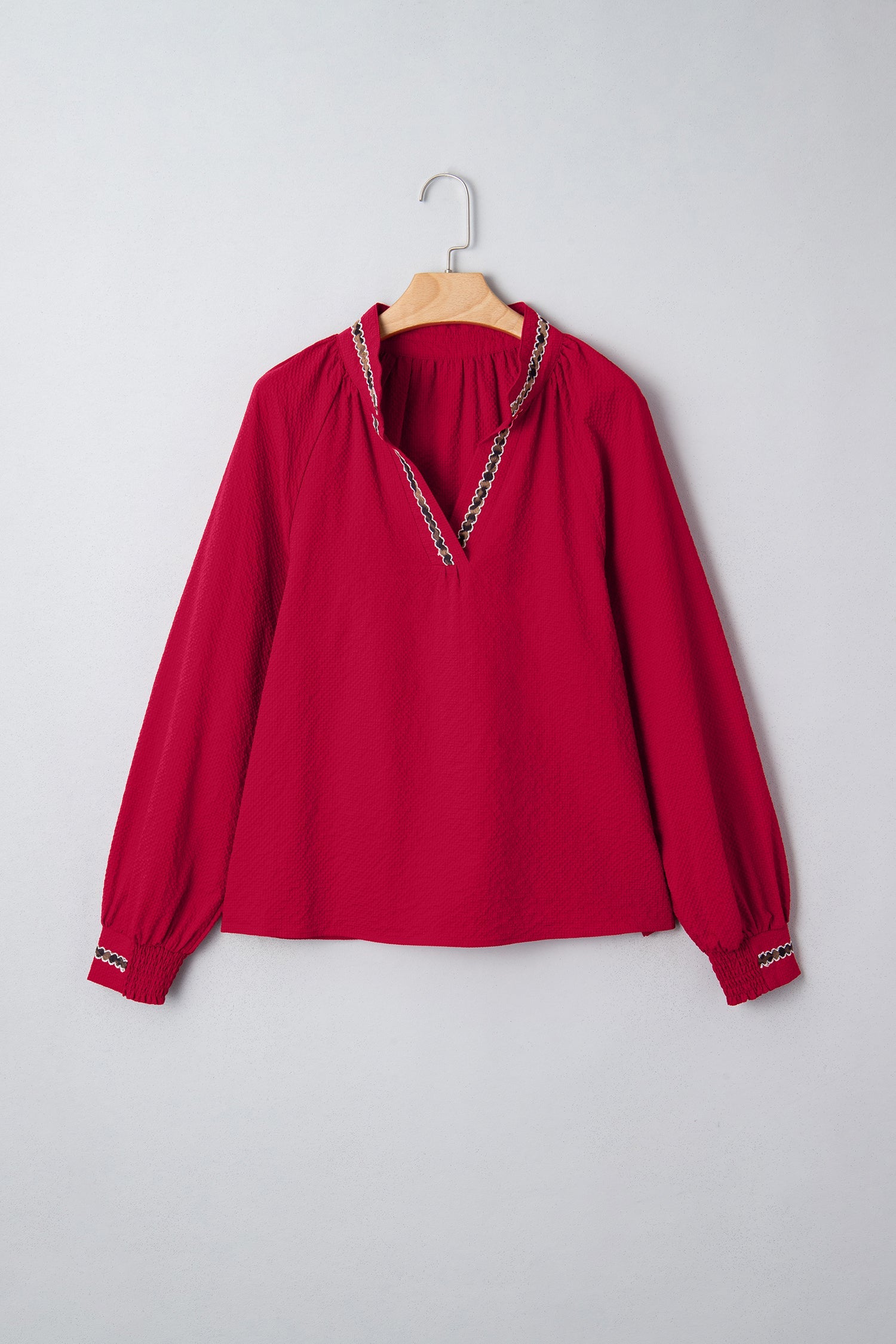 Racing Red Leopard Jacquard Print V Neck Textured Blouse by Wild and Free Boutique