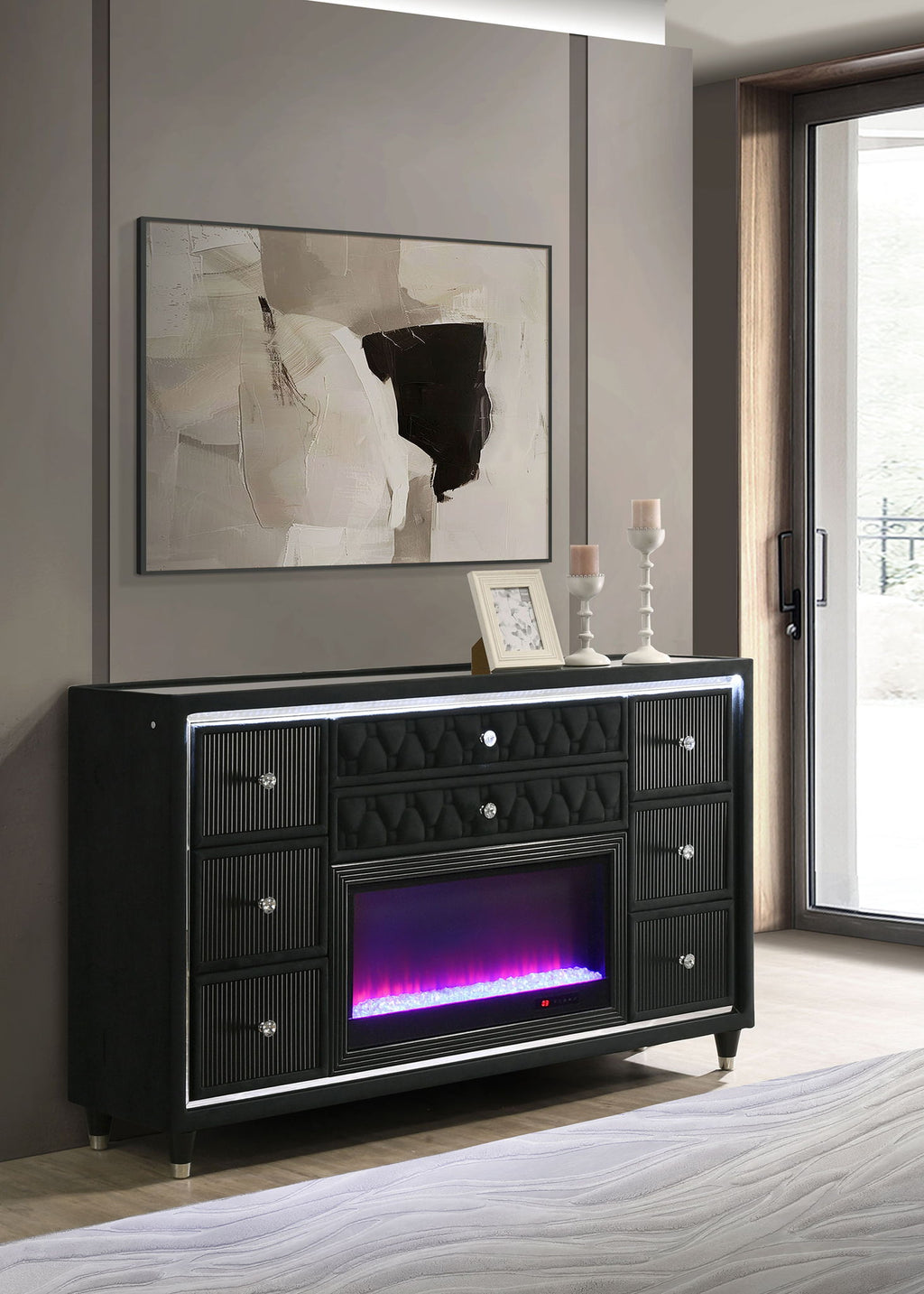 Lorient 8-drawer LED Bedroom Flame Box Dresser Black by Unique Piece Furniture
