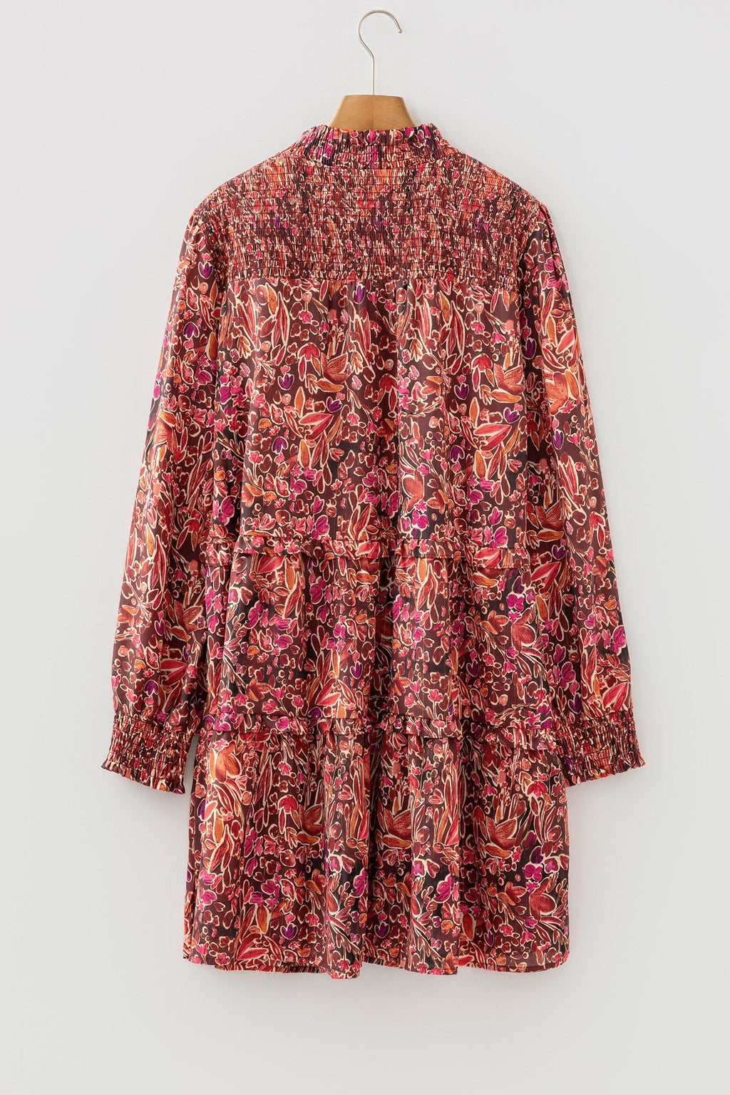 Red Floral Print Long Sleeve Shirred High Neck Loose Mini Dress by Wild and Free Boutique
