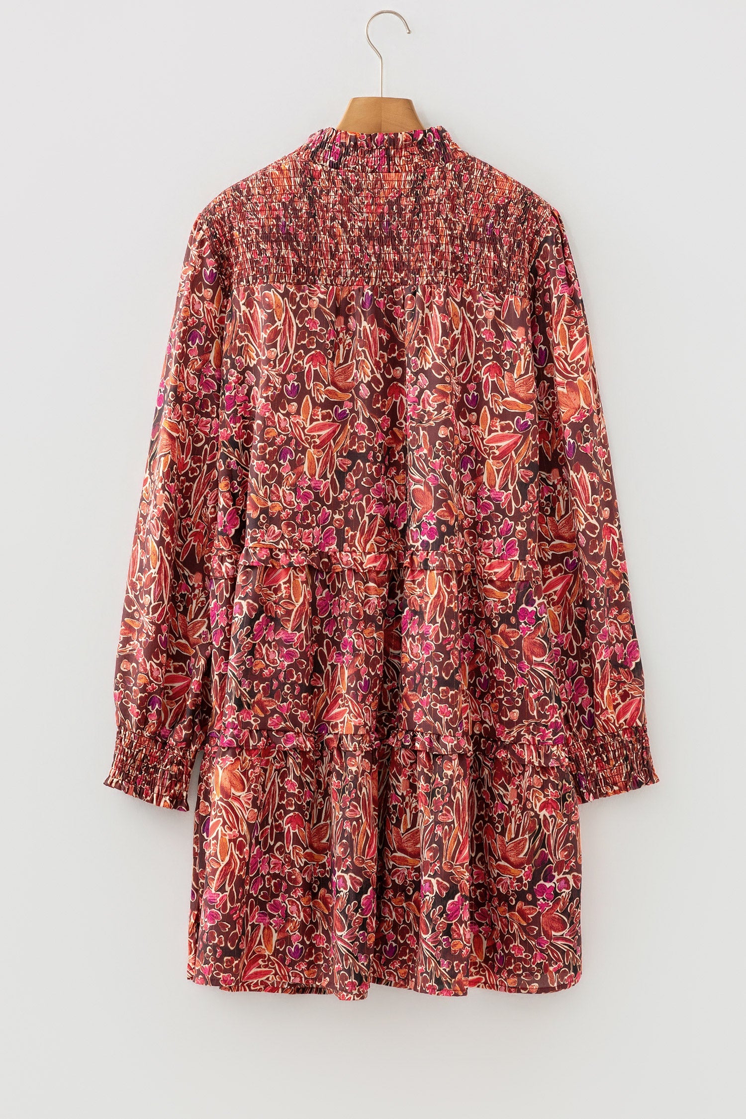 Red Floral Print Long Sleeve Shirred High Neck Loose Mini Dress by Wild and Free Boutique