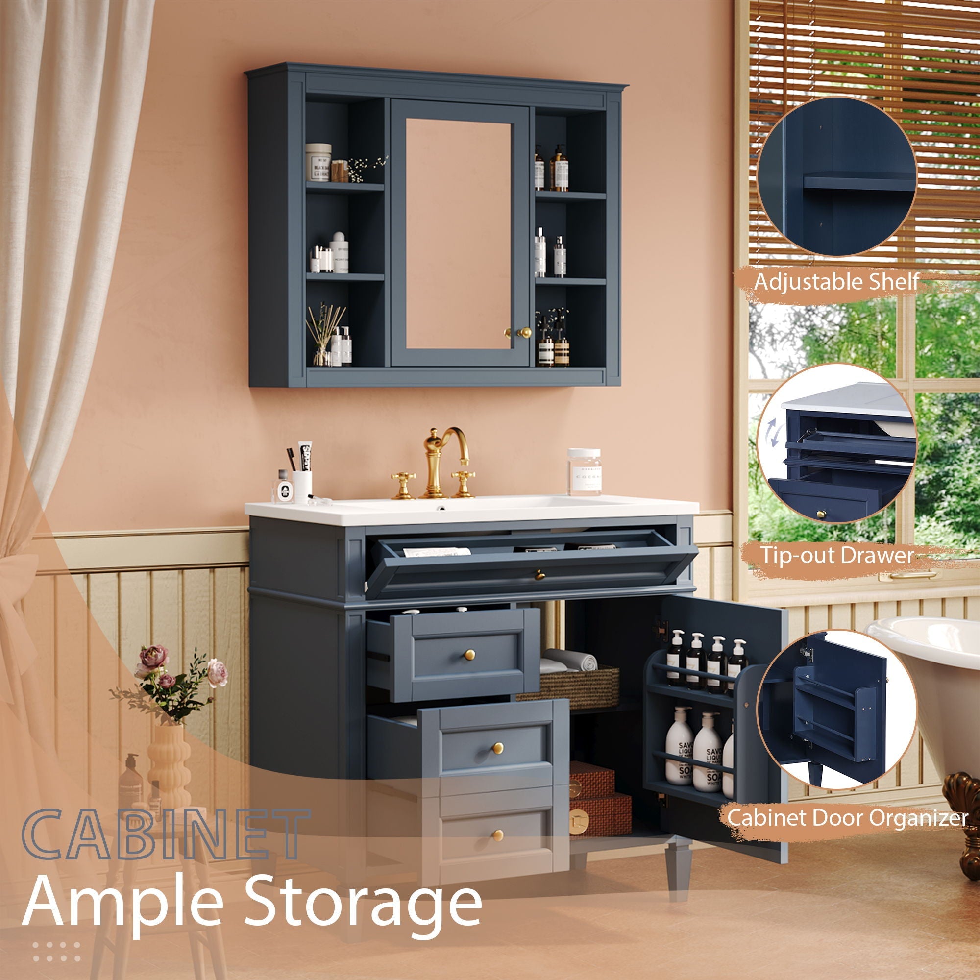 Bathroom Vanity With Mirror Cabinet, Single Sink With 2 Soft Closing Doors And 4 Drawers by Unique Piece Furniture