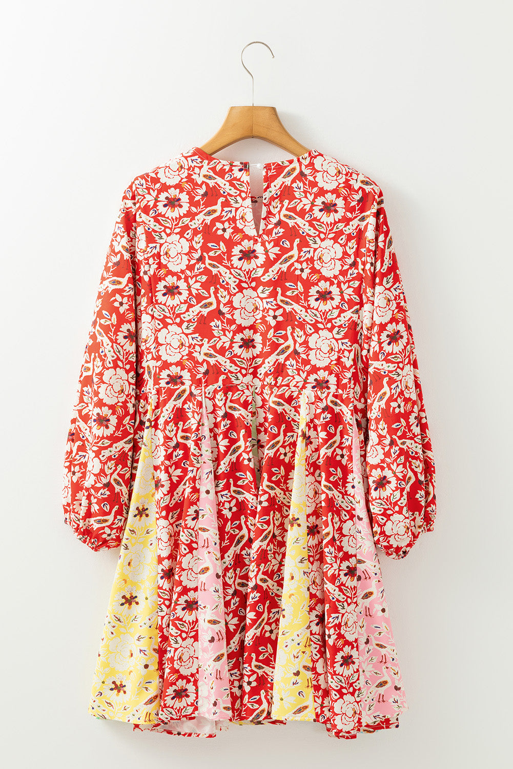 Red Colorful Floral Patchwork Long Sleeve Pleated Mini Dress by Dear-Lover Dropshipping
