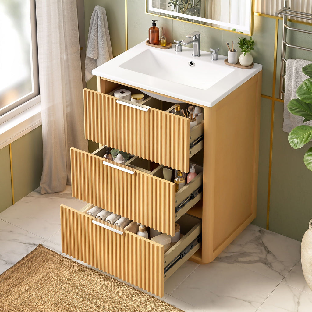 Bathroom Vanity With Sink, Open Shelf & Closed Storage - Natural Wood by Unique Piece Furniture