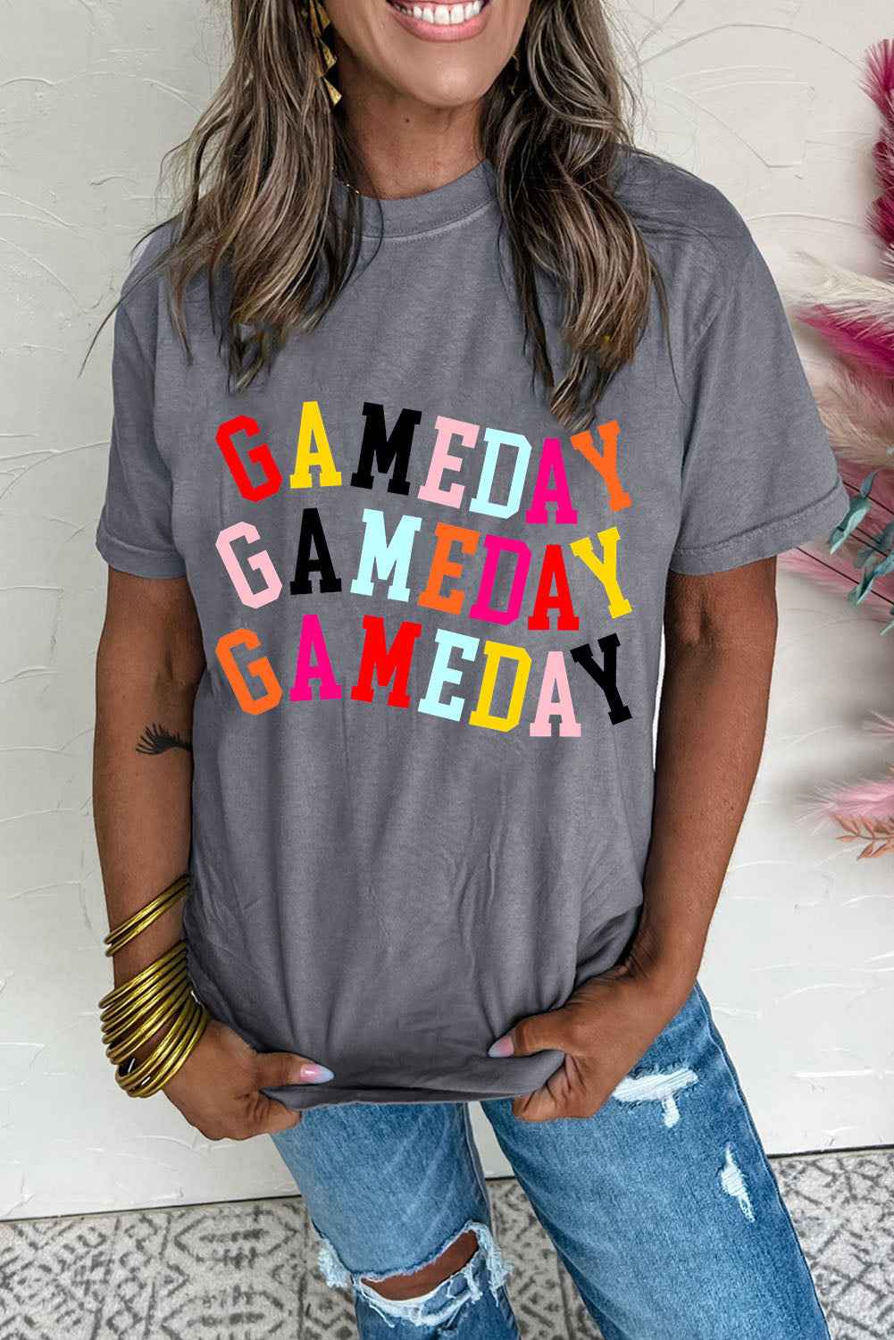 Gray Colorful GAME DAY Graphic Crew T Shirt by Wild and Free Boutique