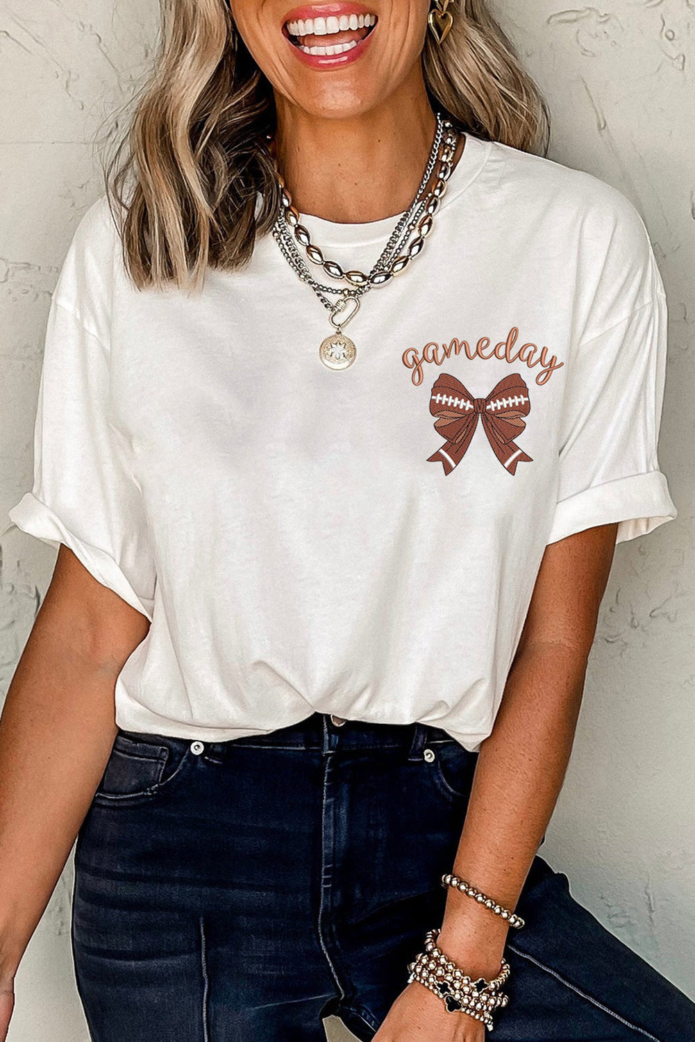 White Game Day Bowknot Embroidered Graphic Casual Tee by Wild and Free Boutique