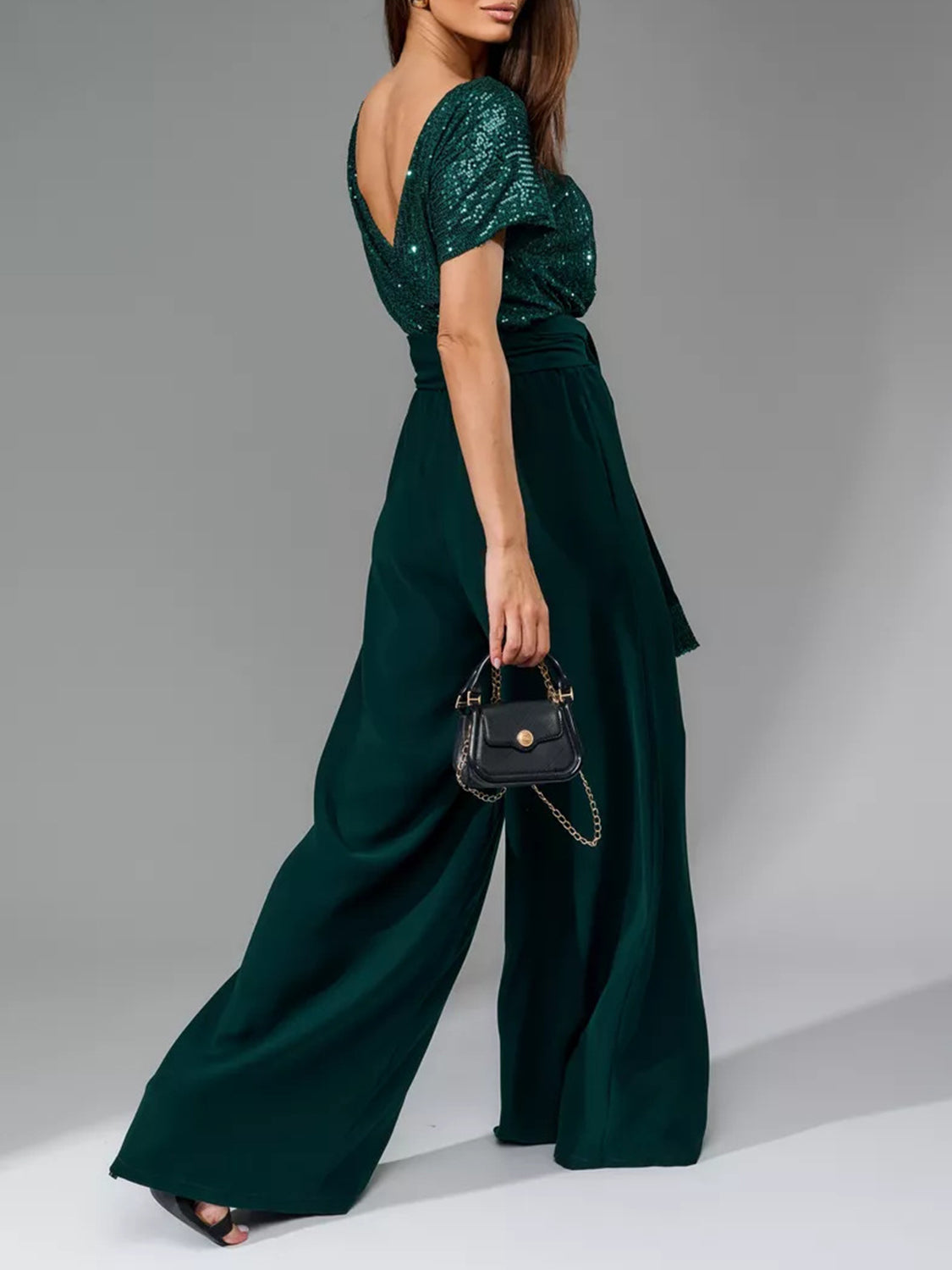 Full Size Sequin Round Neck Short Sleeve Wide Leg Jumpsuit by Wild and Free Boutique