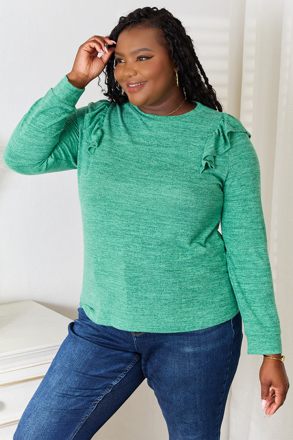Double Take Ruffle Shoulder Long Sleeve T-Shirt by Wild and Free Boutique