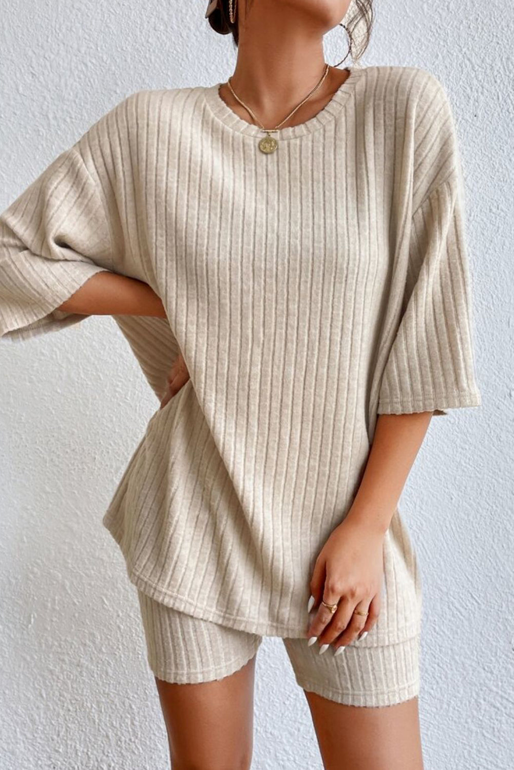 Round Neck Ribbed Top and Shorts Lounge Set by Wild and Free Boutique