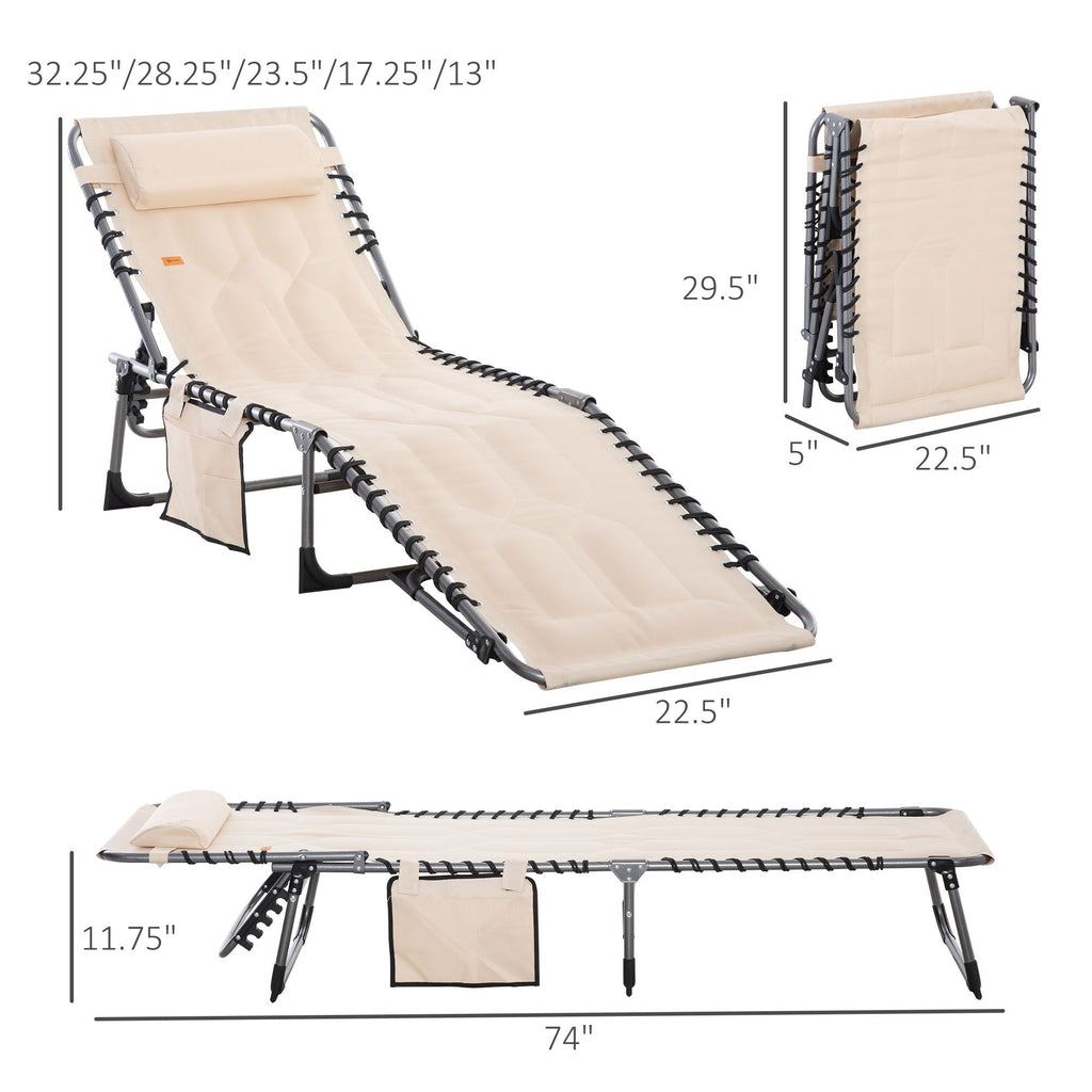 Outsunny - Padded Folding Chaise Lounge Chair, Outdoor 6-Level Reclining Camping Tanning Chair With Headrest For Beach, Yard, Patio, Pool - Beige by Unique Piece Furniture