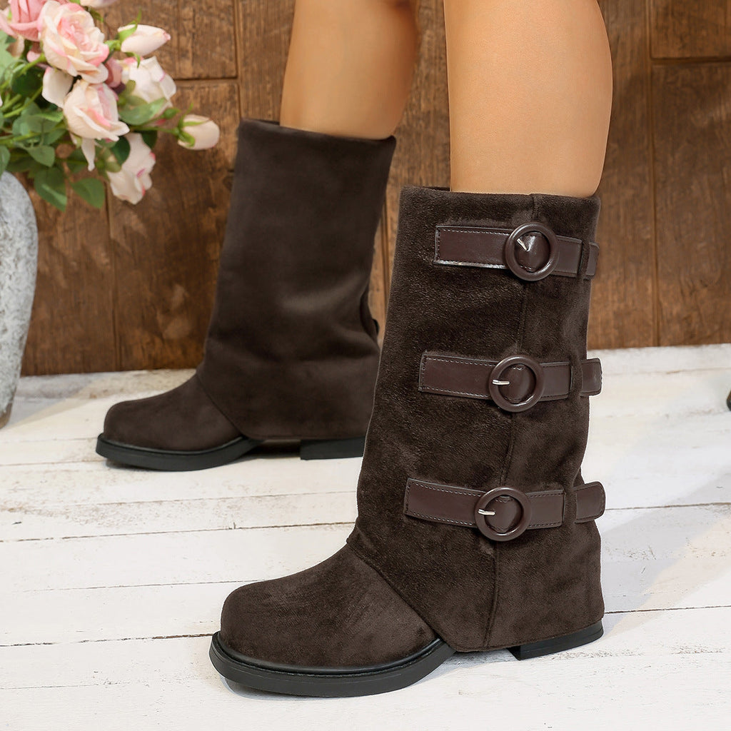 Women’s Vintage Suede Belt-Buckle Pantyhose Boots — Slim Fit Stretch Style by FitiqueFit