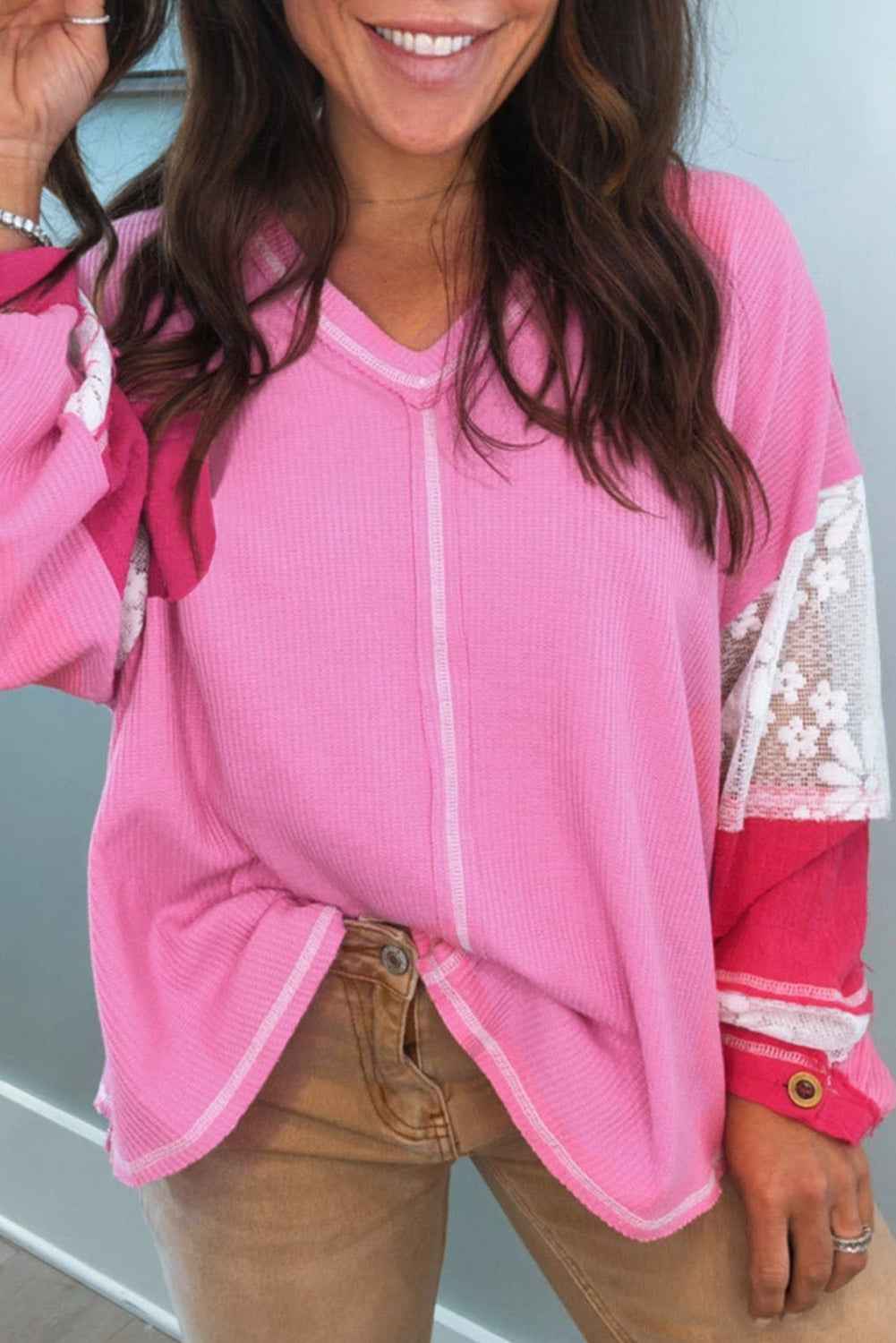 Bonbon Lace Floral Patchwork Sleeve Stitching V Neck Rib Knit Blouse by Wild and Free Boutique