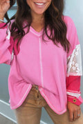 Bonbon Lace Floral Patchwork Sleeve Stitching V Neck Rib Knit Blouse by Wild and Free Boutique