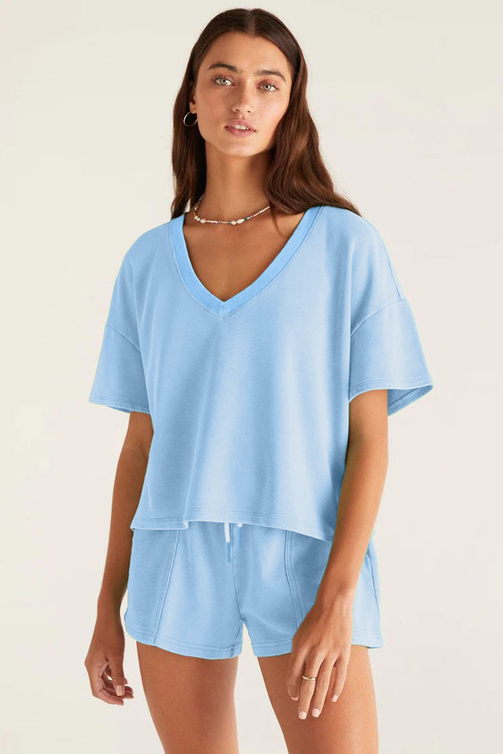 Mint Green V Neck Drop Shoulder Tee and Patchwork Drawstring Elastic Waistband Shorts Set by Dear-Lover Dropshipping