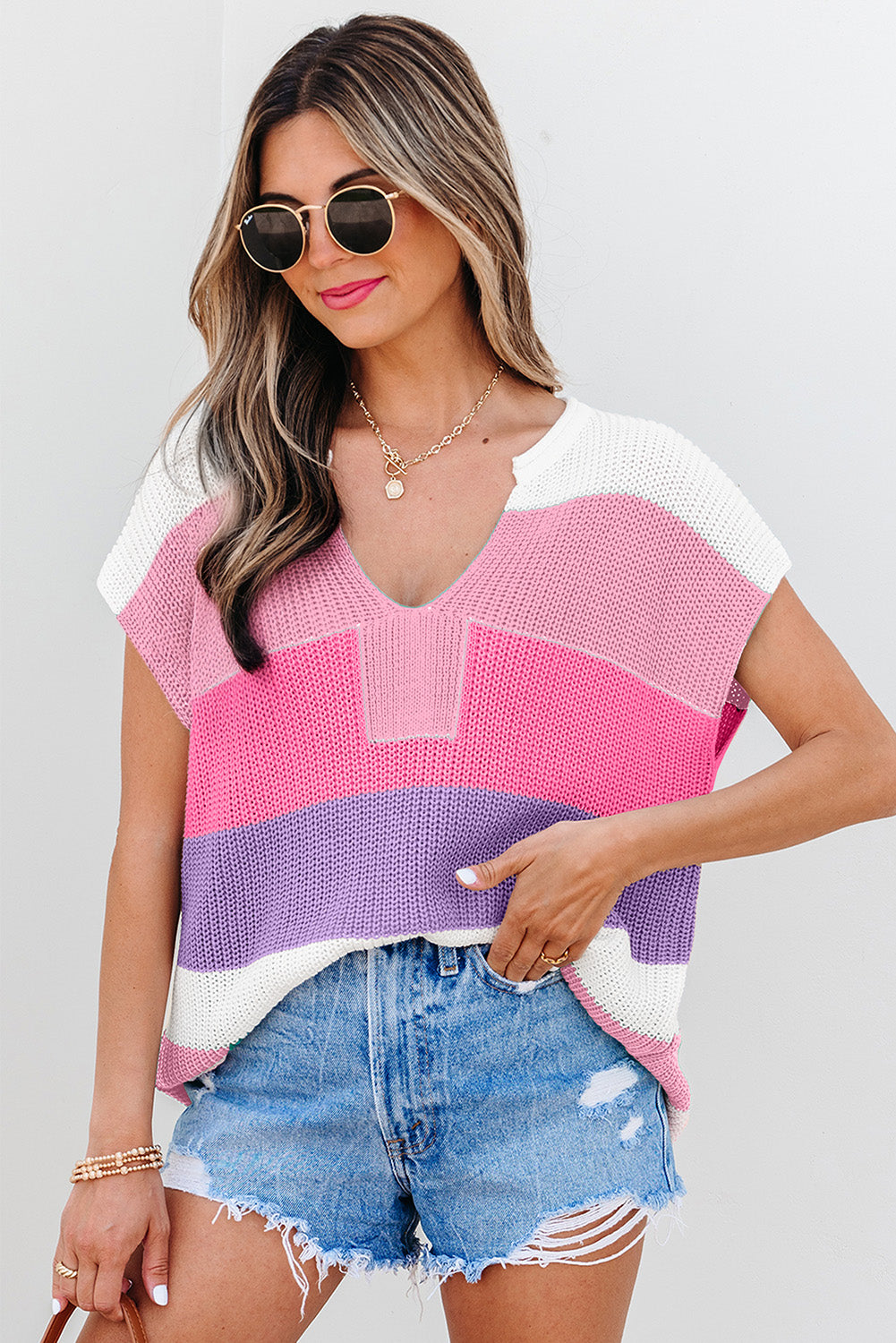 Light Blue Color Block Notch V Neck Sweater T Shirt by Dear-Lover Dropshipping